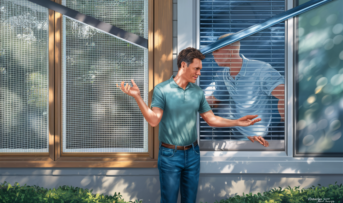 A man in casual attire standing near a window, examining the fiberglass screens and aluminum blinds, possibly evaluating their quality or condition.