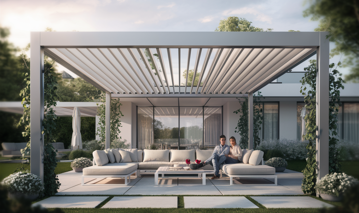 A stylish outdoor living area featuring a modern aluminum pergola, comfortable seating, and lush greenery providing a relaxing ambiance for outdoor entertaining.