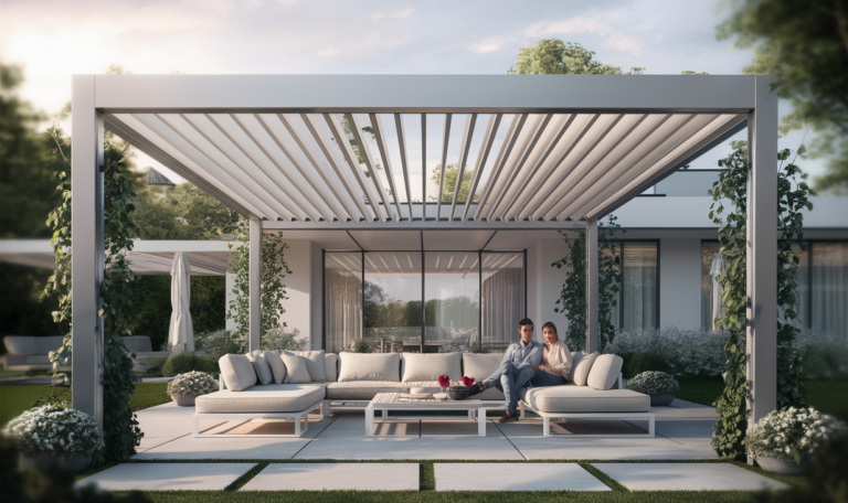 A stylish outdoor living area featuring a modern aluminum pergola, comfortable seating, and lush greenery providing a relaxing ambiance for outdoor entertaining.