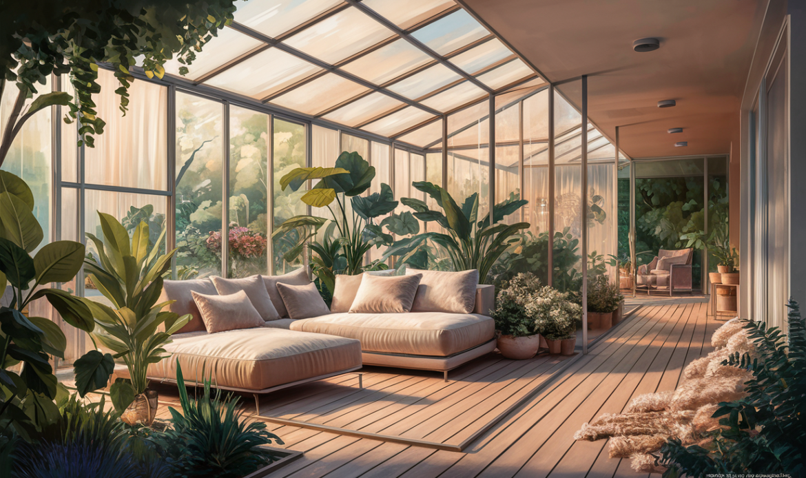 A cozy solarium sunroom with floor-to-ceiling windows, filled with lush plants and a plush seating area on a wooden deck, creating a peaceful oasis surrounded by nature.