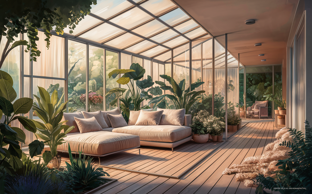 An illustration of a sunroom greenhouse attached to a house, filled with plants and a wicker chair, with large glass windows allowing natural light to enter