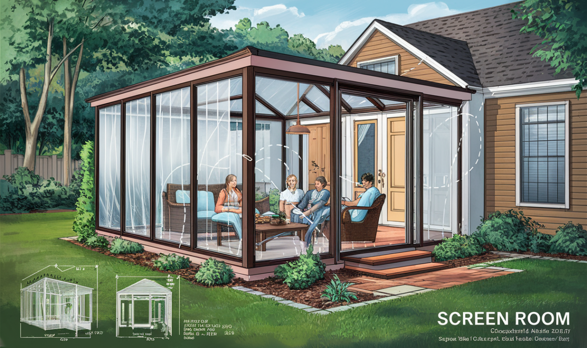 An illustration depicting a sunroom addition to a residential home with glass walls and ceiling, showing people relaxing inside. The sunroom has a Sunroom Insulation and Climate Controlwooden deck Sunroom Insulation and Climate Control
