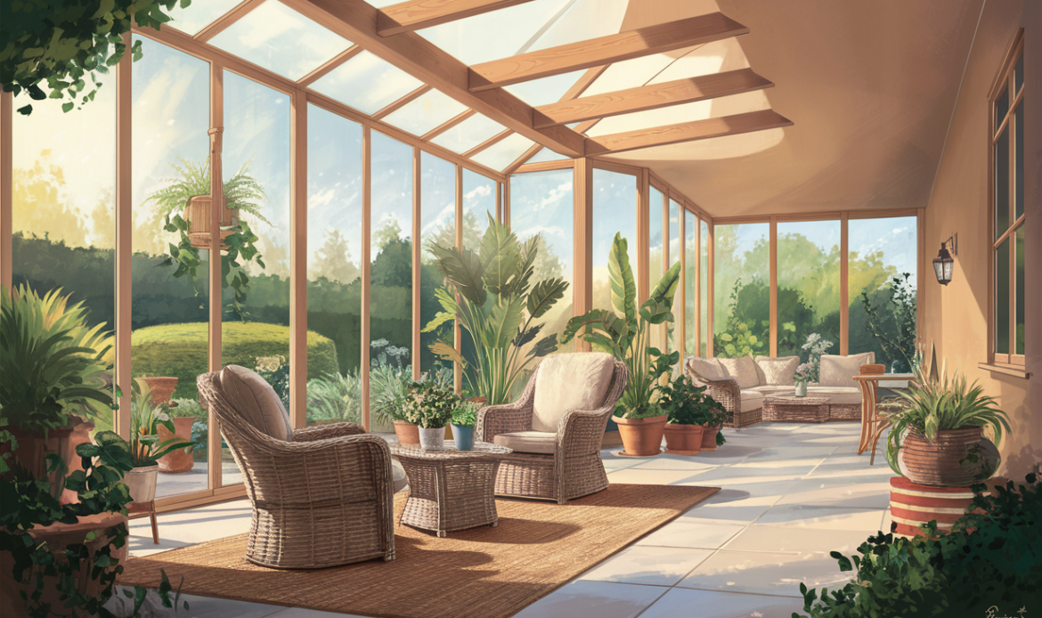 An illustration of a cozy solarium sunroom with large windows overlooking a lush garden. The sunroom features wooden beams, potted plants, and wicker furniture for relaxation. Sunroom Styles and Architectural Design
