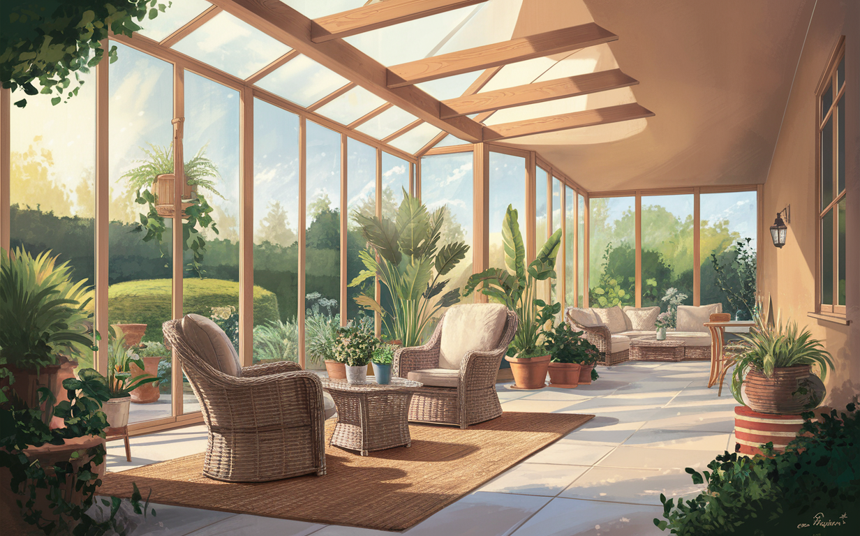 A modern indoor greenhouse living area with large glass walls, wooden floors, and lush tropical plants surrounding a plush couch and seating area, creating a peaceful and natural atmosphere.