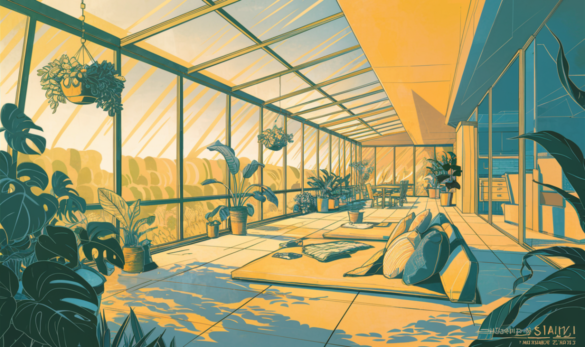 An illustration of a serene solarium greenhouse filled with lush plants, hanging baskets, and cozy seating areas bathed in warm sunlight.  screen room installation
