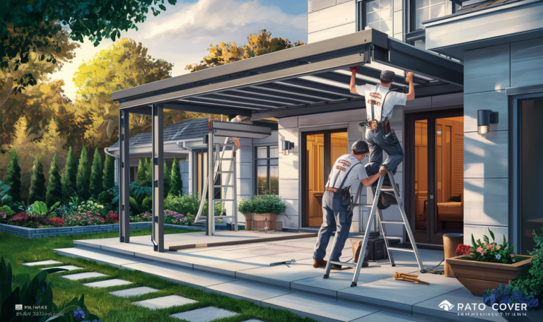 Two workers installing a modern patio cover structure at a residential home with landscaped garden and entrance