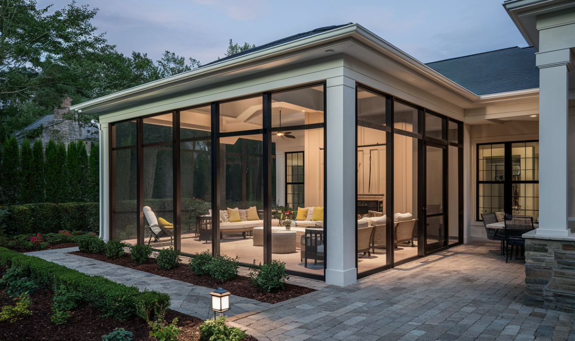 A modern screen room addition to a house with large glass windows, comfortable seating area, and well-landscaped surroundings creating an inviting outdoor living space.