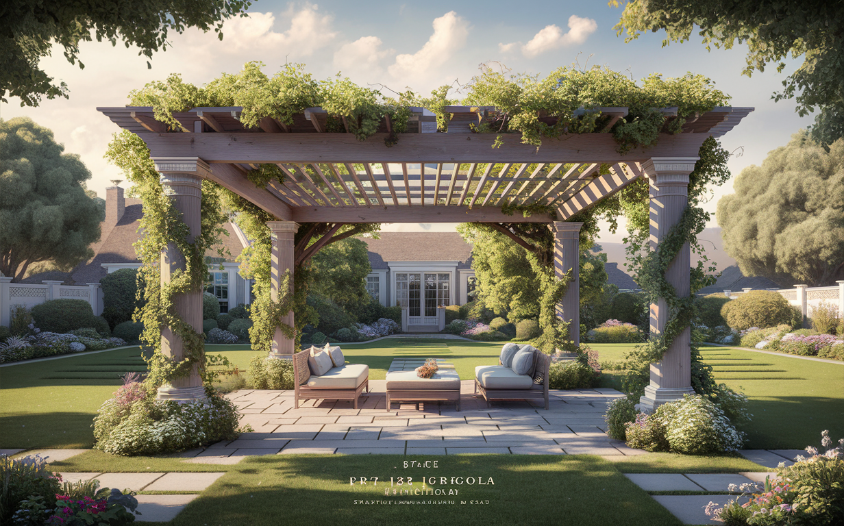 An illustration of a beautifully landscaped backyard with multiple pergolas, seating areas, pathways, and a couple relaxing on an outdoor couch surrounded by lush greenery and string lights.