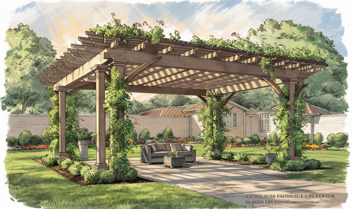 An illustration depicting a beautiful backyard pergola design surrounded by lush gardens, flowers, and greenery, creating a serene outdoor living space.