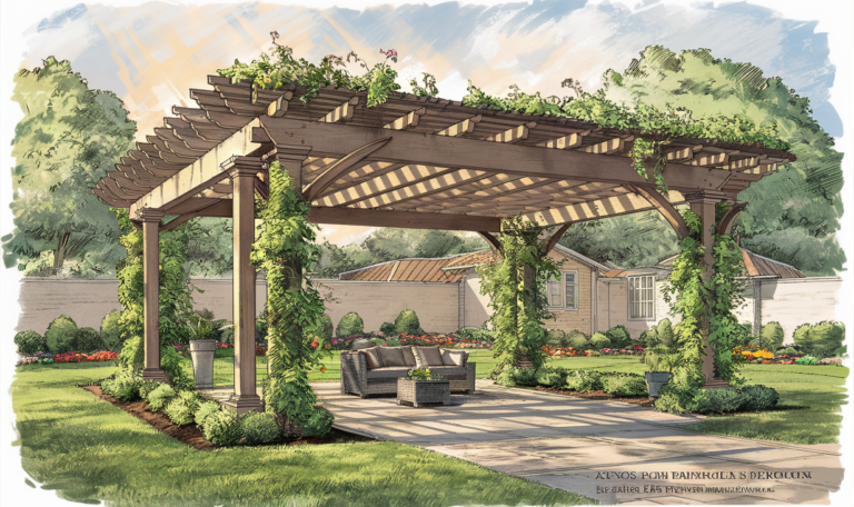 An illustration depicting a beautiful backyard pergola design surrounded by lush gardens, flowers, and greenery, creating a serene outdoor living space.