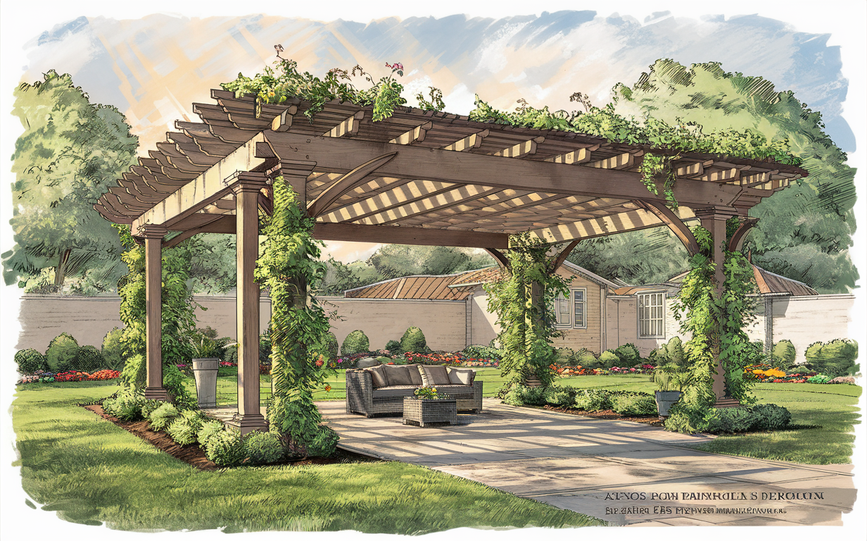 A rendering of a large pergola structure with wooden beams covered in vines, overlooking a well-manicured garden with paved pathways, seating areas, and a residential home in the background.