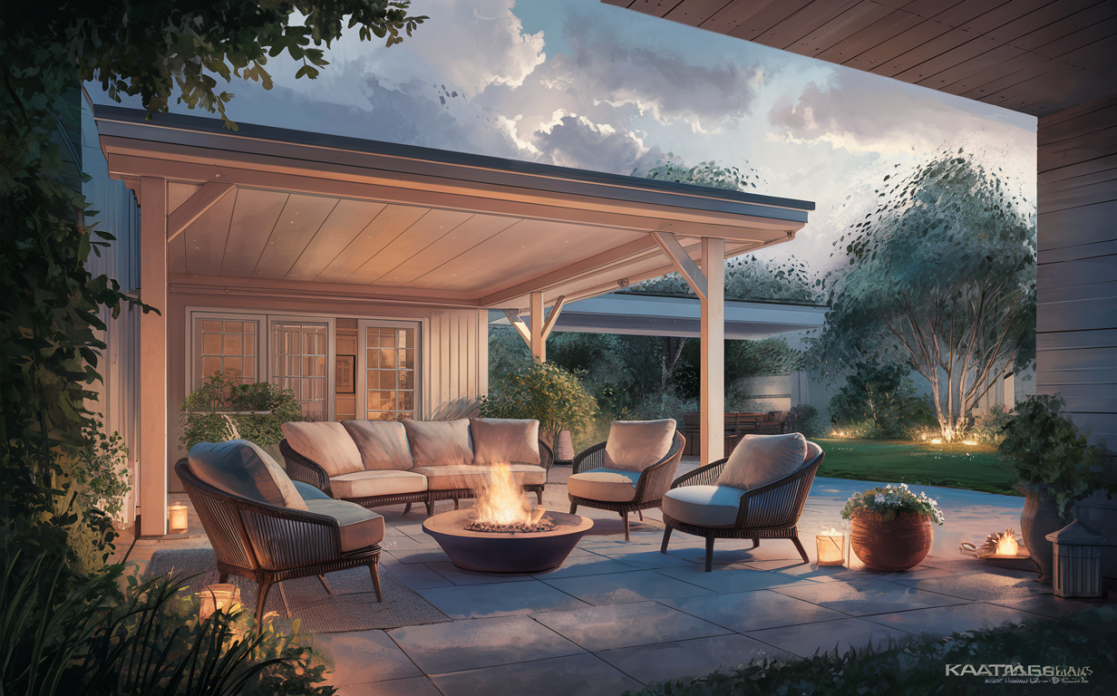 An elegant outdoor living space featuring a covered patio with comfortable seating, a fire pit, and lush landscaping, providing a serene retreat protected from the elements.