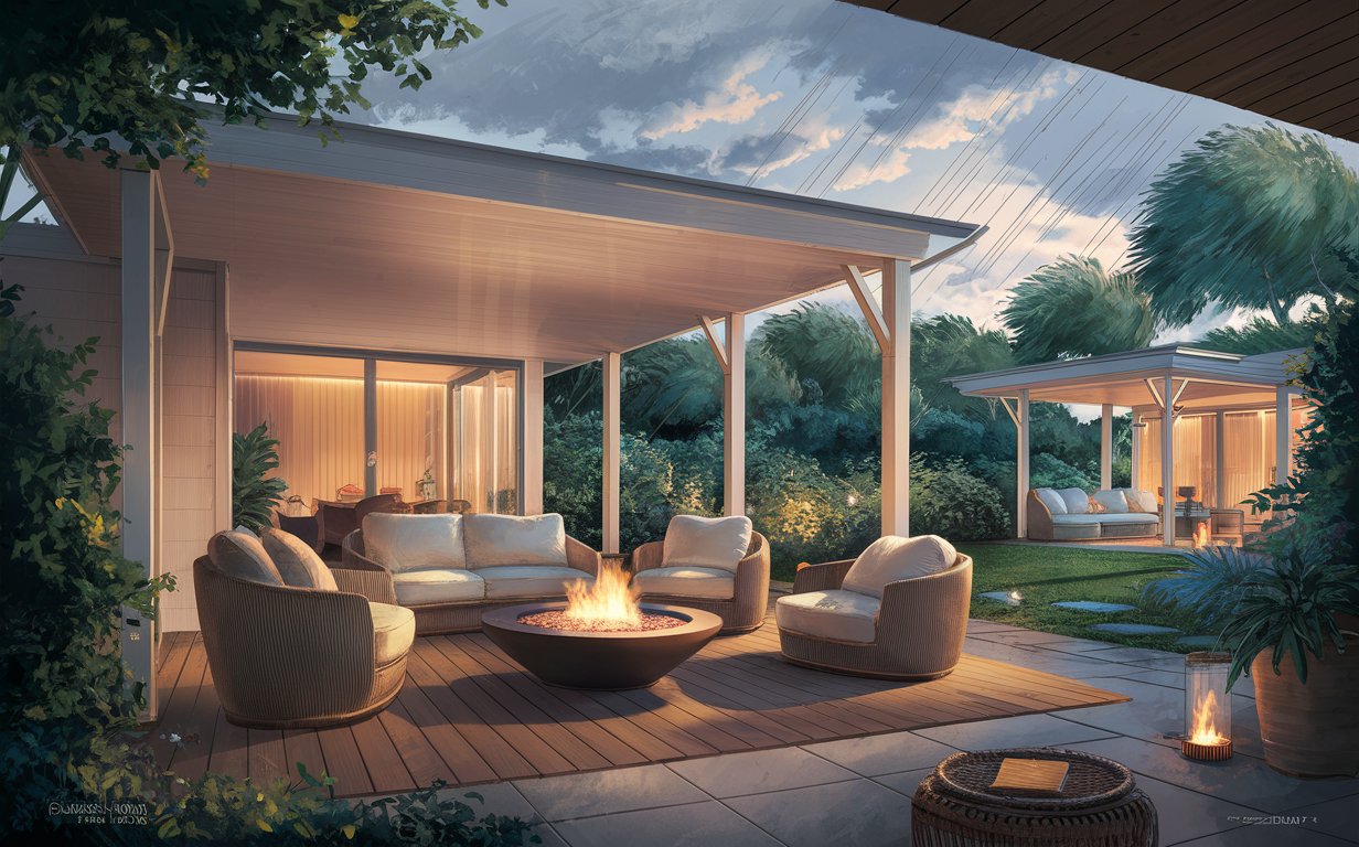 A luxurious outdoor living area featuring a covered patio with comfortable seating around a modern firepit, surrounded by lush landscaping and warm lighting, creating a cozy and inviting atmosphere for relaxation and entertainment.