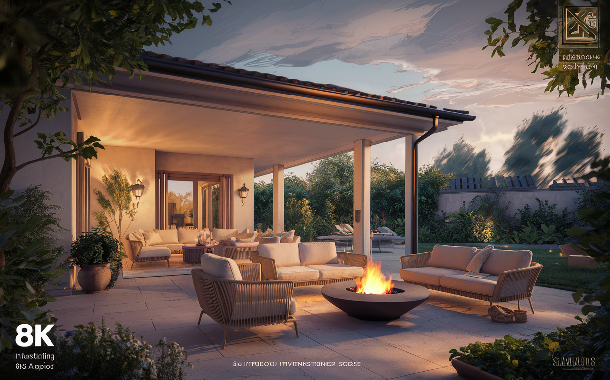 An elegant outdoor living area featuring a covered patio with plush seating and a central fire pit, surrounded by lush tropical foliage and connected to an indoor living space, creating an idyllic retreat for entertaining or relaxation under the evening sky.