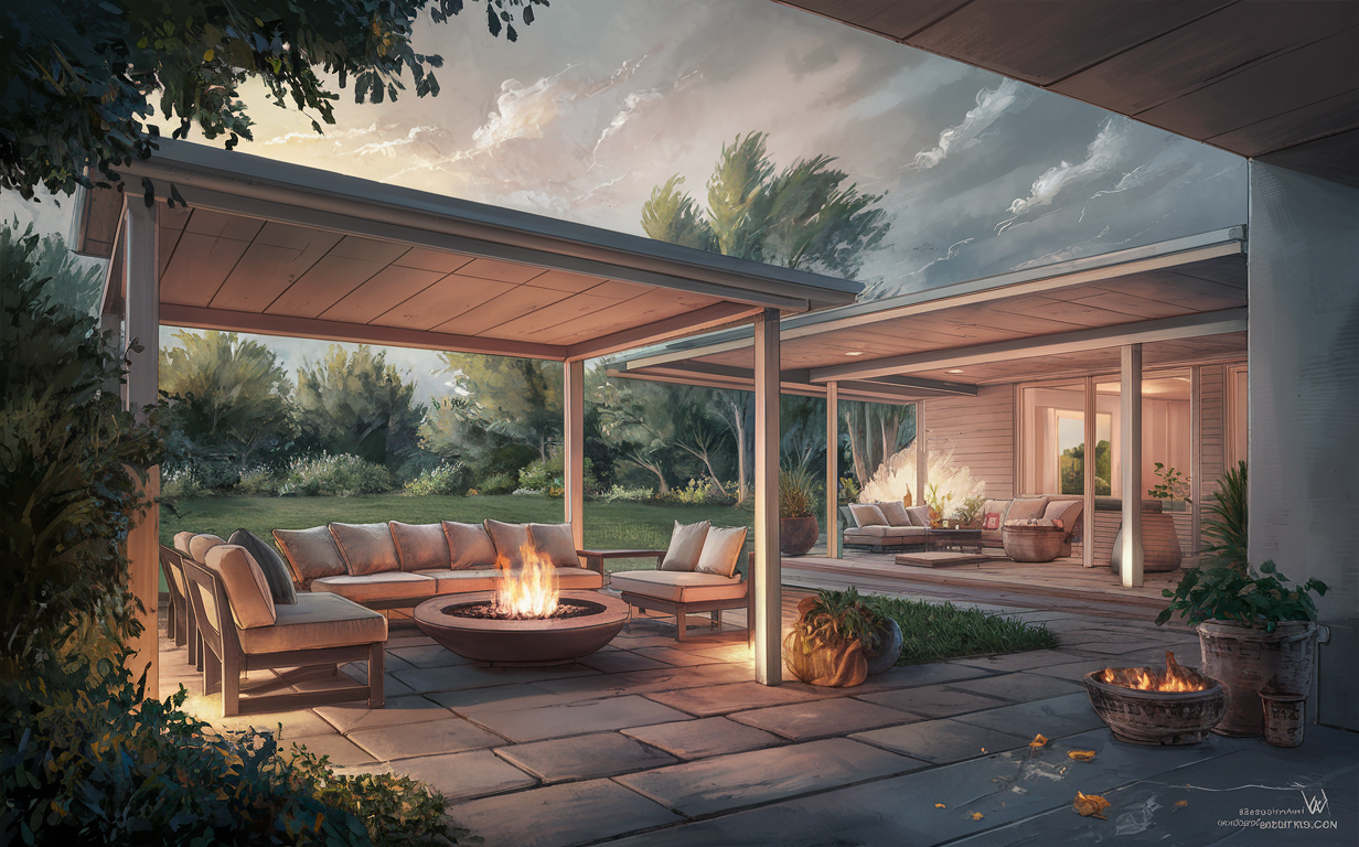 A beautifully designed outdoor living area with a covered patio featuring plush seating around a modern firepit. The space is surrounded by lush greenery and has large windows that provide a seamless indoor-outdoor connection to an adjacent living room.