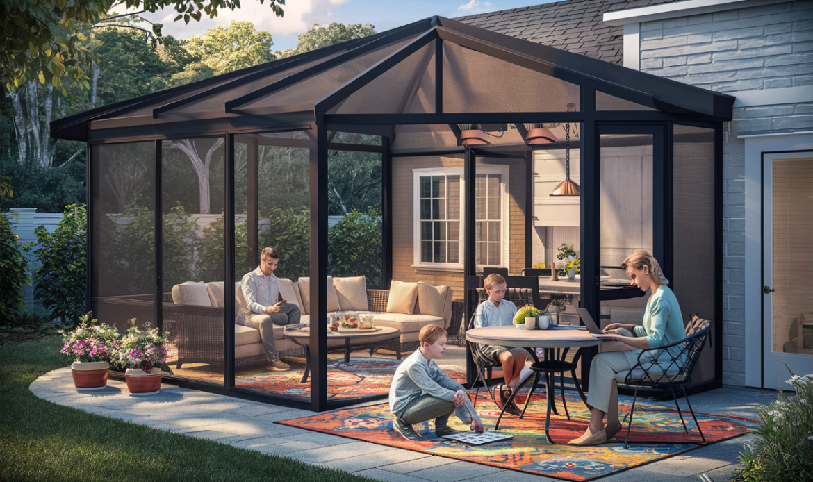 A family of four relaxing in a screened-in patio space, with comfortable seating, a dining table, and lush greenery surrounding the enclosure.