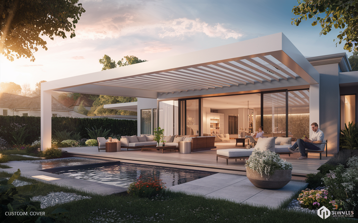 A modern outdoor living area featuring a custom patio cover, comfortable seating, a pool, and lush landscaping, creating an inviting space for relaxation and entertainment.