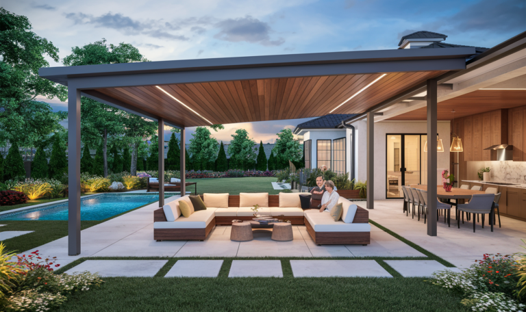 A modern outdoor living area featuring a covered patio with a wooden ceiling and lighting, a swimming pool, an outdoor lounge area with a sofa set around a coffee table, an outdoor dining area, and lush landscaping with flowers and trees.