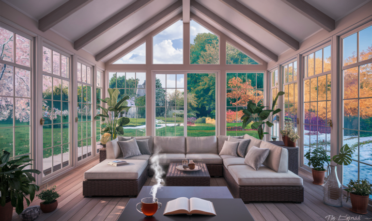 A cozy four-season sunroom with large windows overlooking a lush garden, featuring a comfortable wicker seating area, potted plants, and a steaming cup of tea on a table with an open book, creating a serene atmosphere for relaxation and enjoying nature in any season.