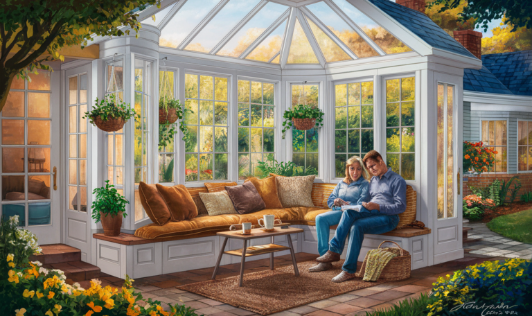 An illustration of a cozy three-season sunroom with large windows overlooking an autumn landscape, featuring a couple cuddling on a plush sofa surrounded by potted plants and flowers.Glass and Polycarbonate Sunroom Glazing. Types of Sunrooms