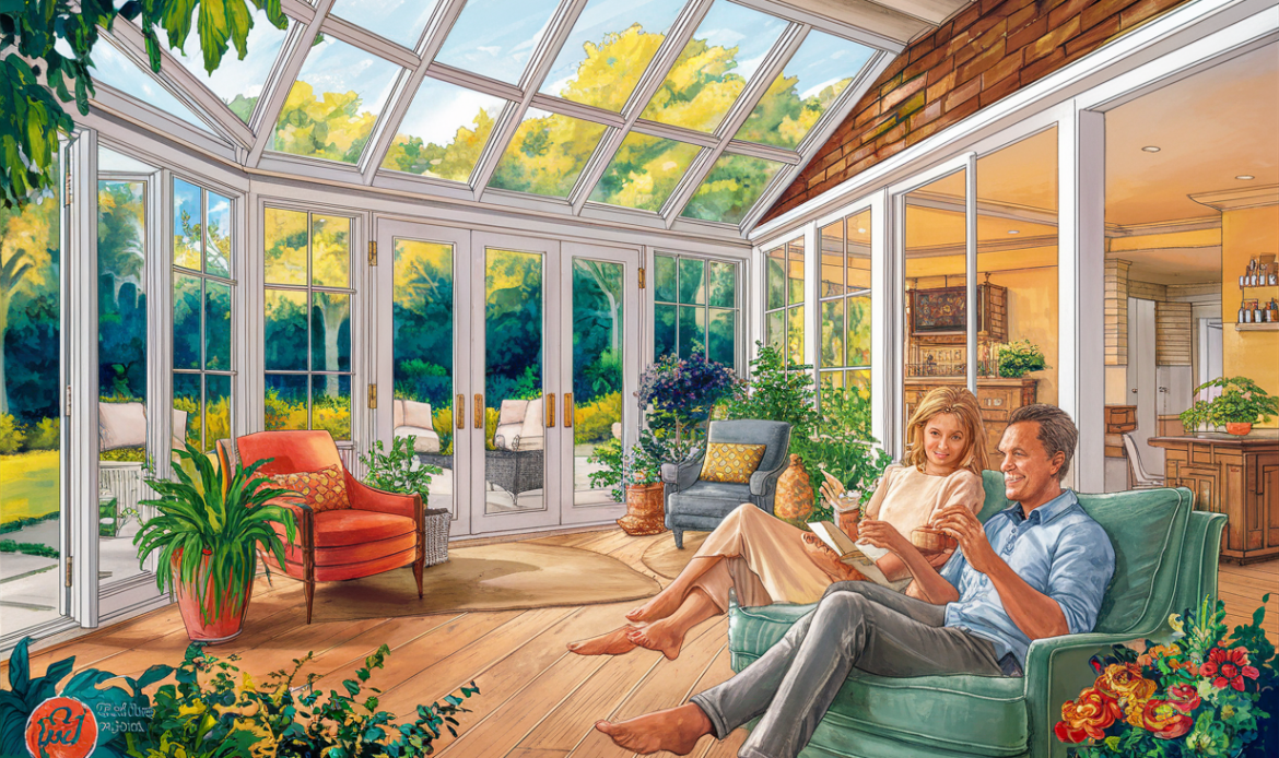 An illustration of a couple relaxing in a beautifully designed three-season sunroom with large windows overlooking a lush garden. Types of Sunrooms