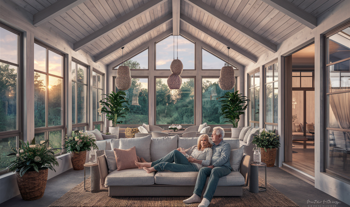 A cozy three-season sunroom with large windows offering scenic views of nature, featuring a comfortable couch, plants, and hanging wicker lamps, creating a relaxing and inviting atmosphere.