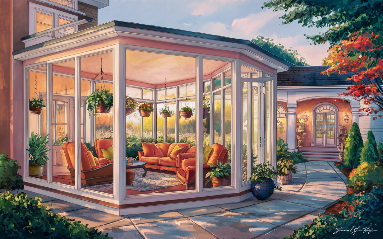 An illustration of a cozy three-season sunroom with large windows overlooking a lush garden. A couple is relaxing on a green sofa, enjoying the natural surroundings. The room features wooden floors, potted plants, and comfortable furniture.