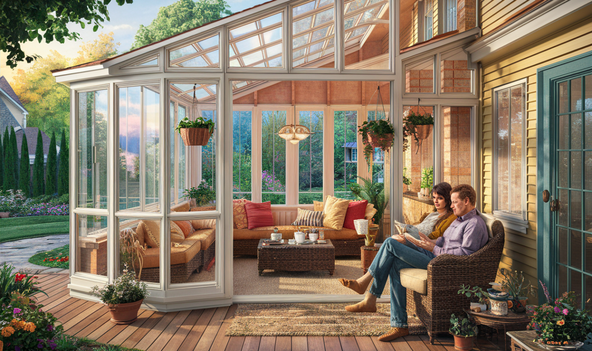 A cozy and inviting three-season sunroom with a couple relaxing on a wicker chair, surrounded by lush plants, hanging baskets, and a beautiful outdoor view.