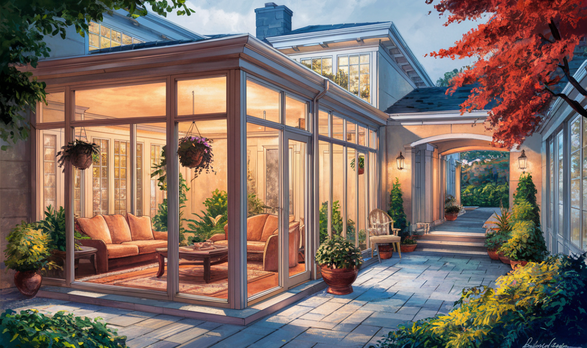 A stunning three-season sunroom with large windows overlooking a lush garden, featuring comfortable seating, potted plants, and a warm, inviting ambiance. Sunroom Lighting and Electrical Features