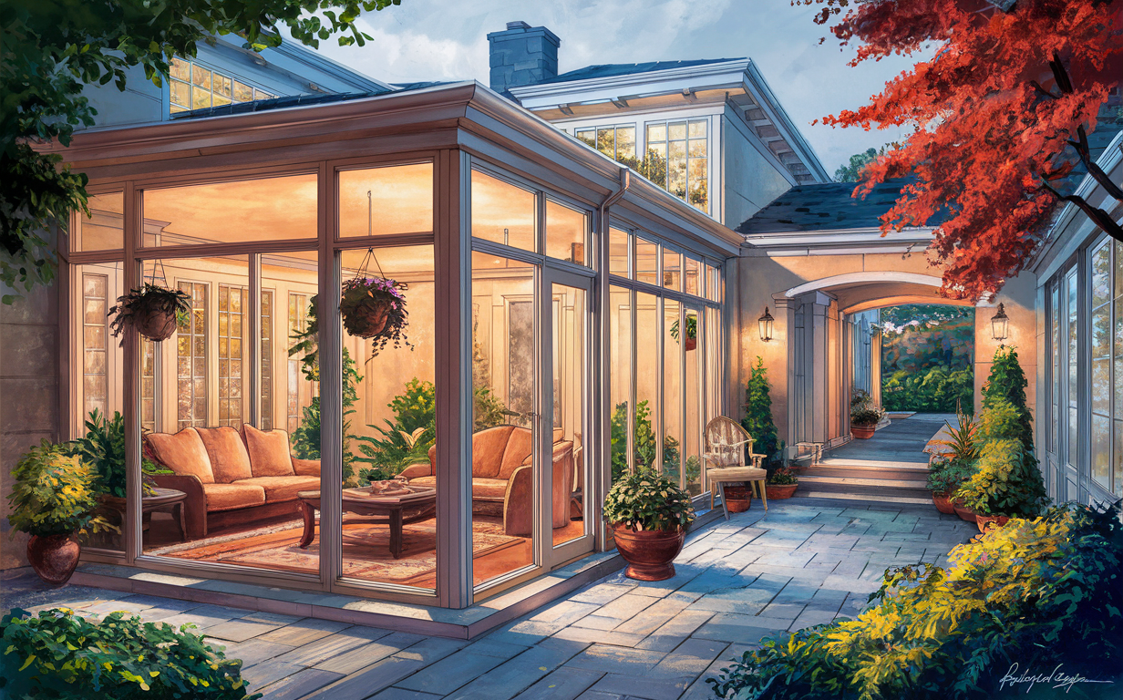 An elegant three-season sunroom with large windows overlooking a beautifully landscaped garden, featuring comfortable seating, potted plants, and a walkway leading to an outdoor seating area under a vibrant red maple tree.