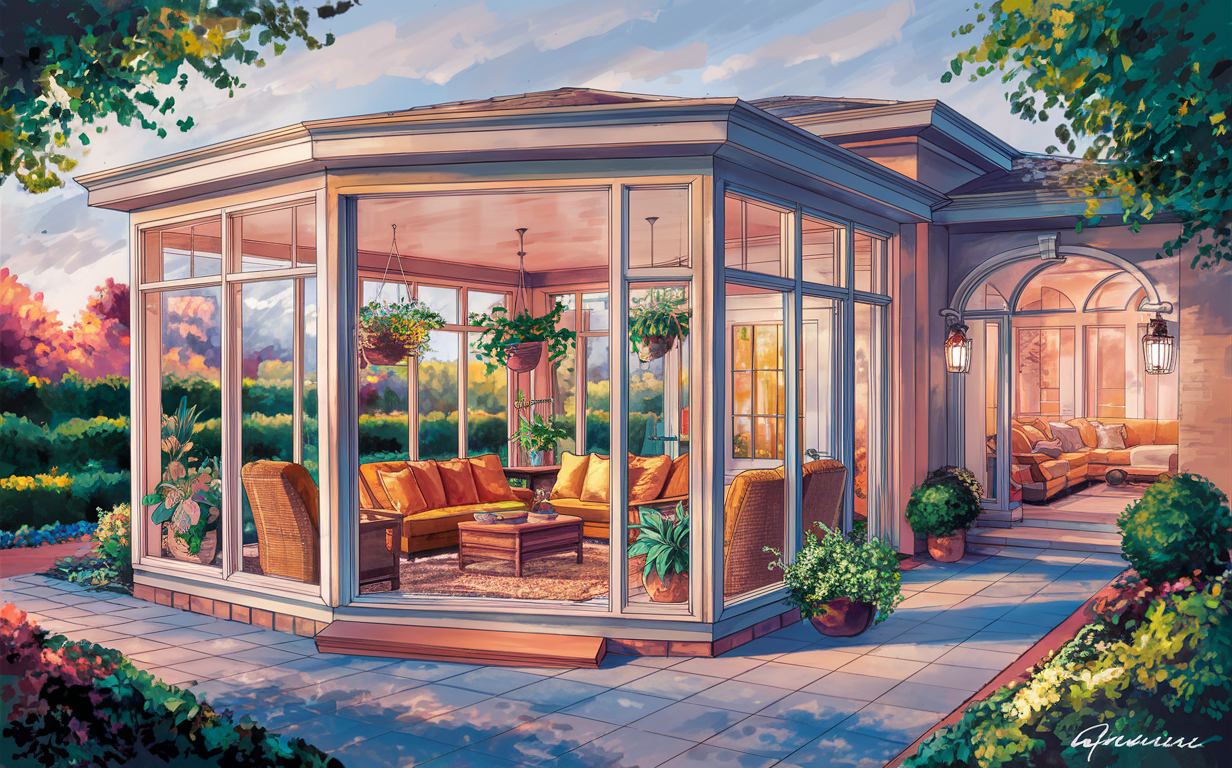 A beautifully designed three-season sunroom attached to a home, featuring large windows, comfortable seating, lush plants, and a warm, inviting ambiance.