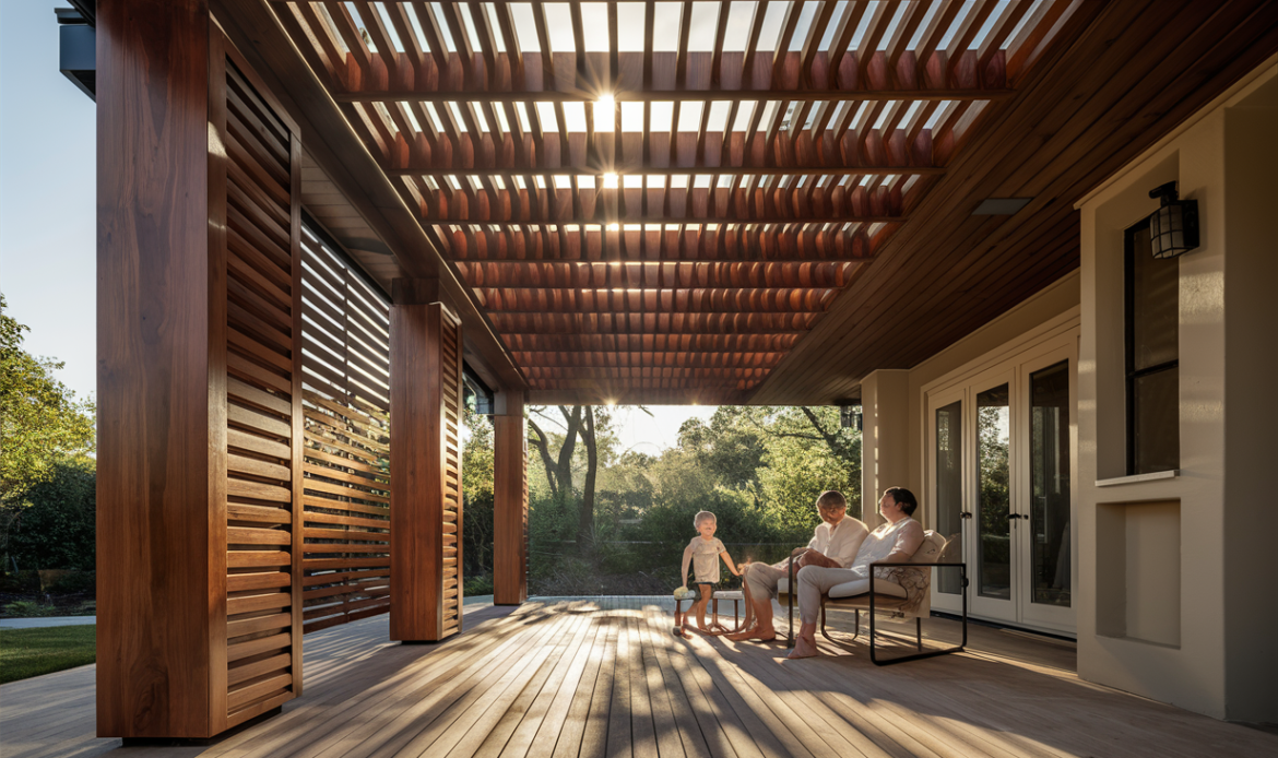 A wood patio cover with slatted roof provides shade over a deck where a family enjoys quality time together