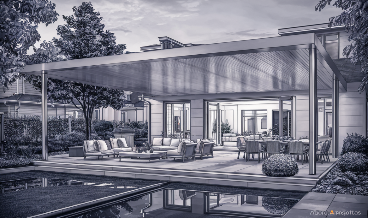 A modern outdoor living area featuring an aluminum patio cover, comfortable seating, and a reflection pool, creating an elegant and inviting space for entertaining or relaxation.