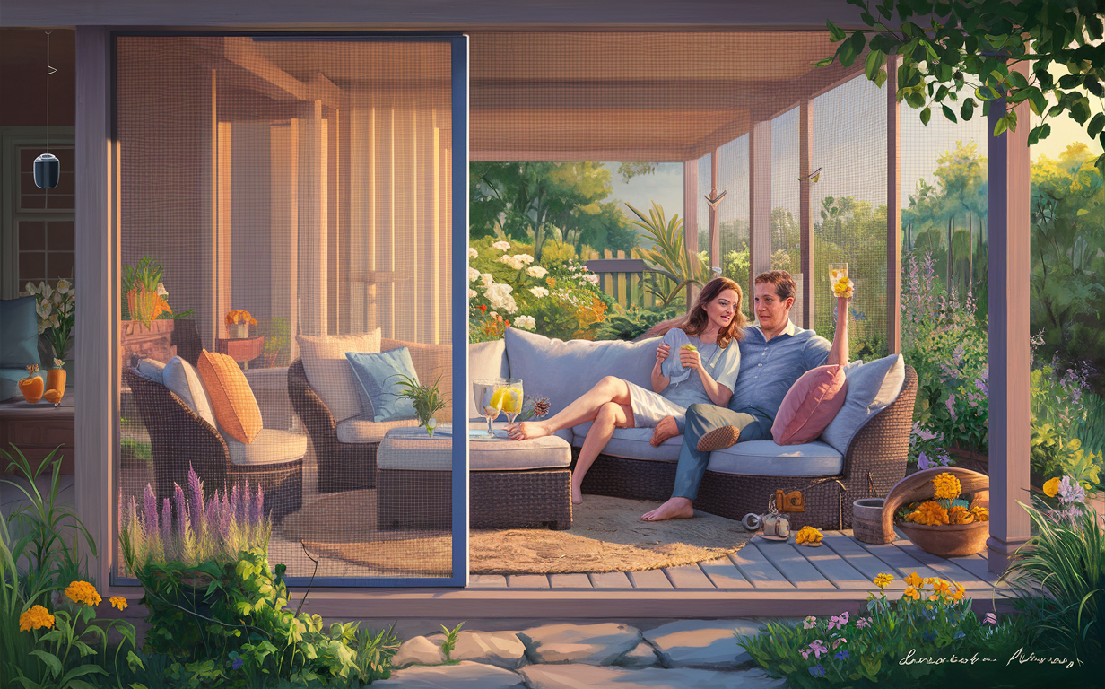 An illustration of a cozy outdoor living area with a couple relaxing on a wicker sofa, surrounded by lush gardens and flowers, with a view of the interior through large glass doors.