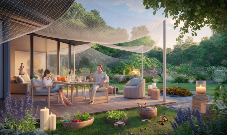 A beautifully designed outdoor living area with a covered lounge area, dining table, and lush garden featuring flowers, candles, and butterflies, providing a harmonious blend of luxury and nature while incorporating elements for insect and pest protection.