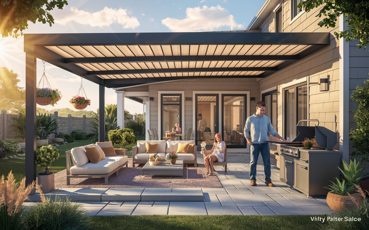 An inviting outdoor living area featuring a vinyl patio cover over a seating area with a sofa and grill, surrounded by lush greenery and flowers.