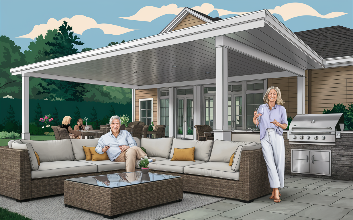 An illustration of a family relaxing and grilling in a stylish outdoor patio area, featuring a striped vinyl patio cover, comfortable seating, and lush greenery surrounding the space.