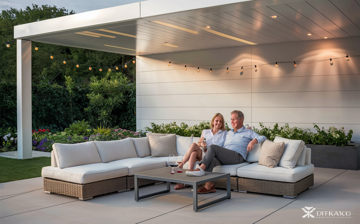 An illustration of an older couple sitting comfortably on an outdoor patio set with a vinyl cover overhead, surrounded by lush greenery and warm lighting.