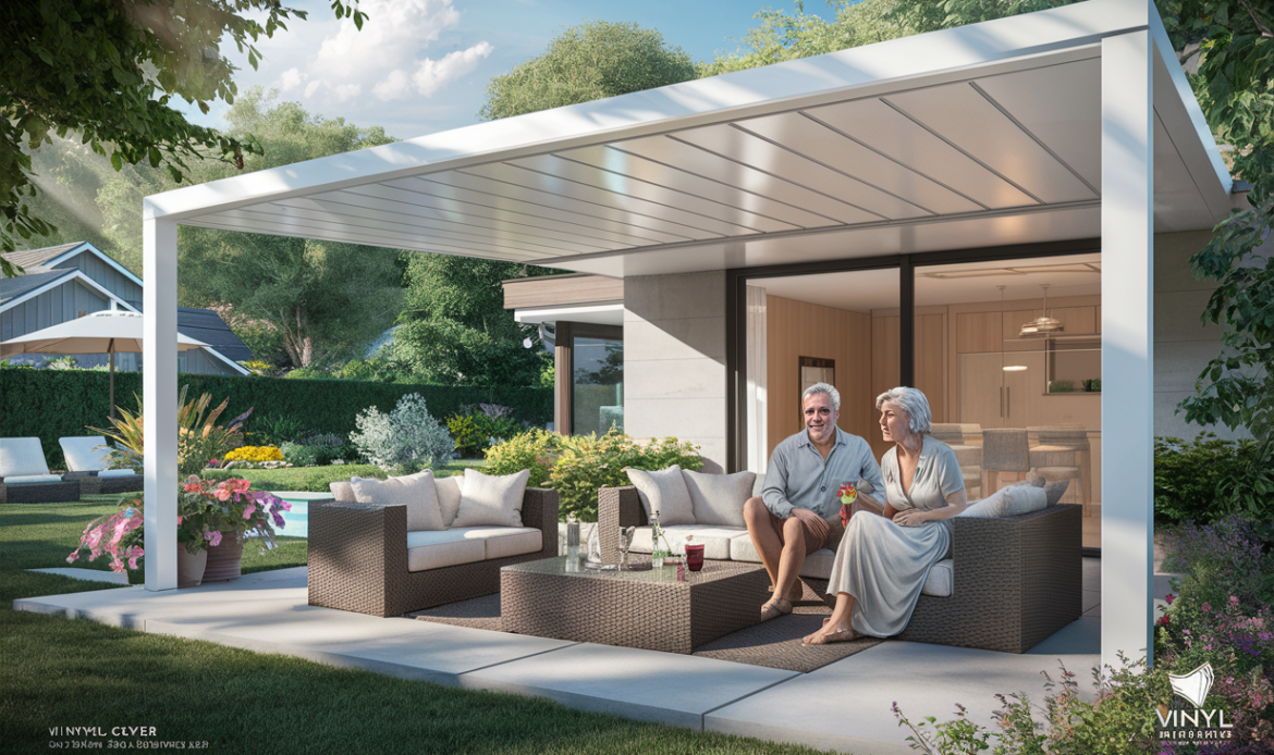 An elderly couple relaxing on an outdoor patio set under a sleek white vinyl cover overlooking a beautifully landscaped backyard