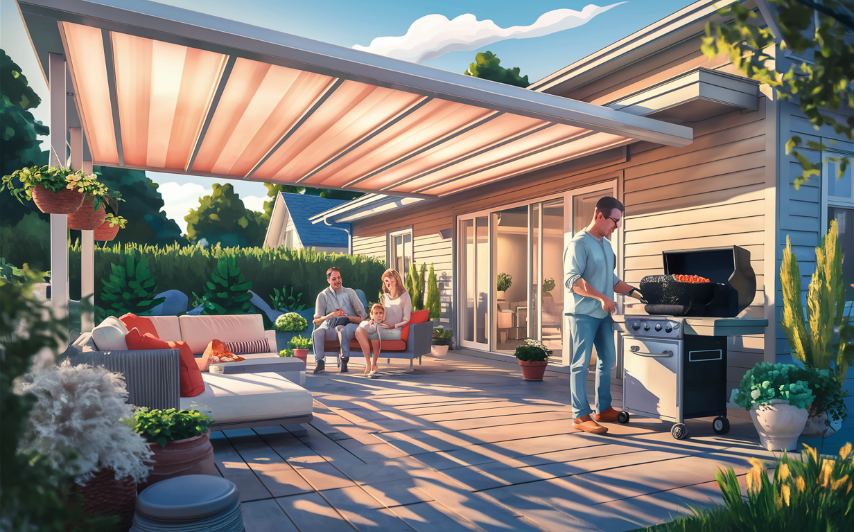 An illustration of a family enjoying their outdoor living space with a modern vinyl patio cover, outdoor furniture, and a barbecue grill