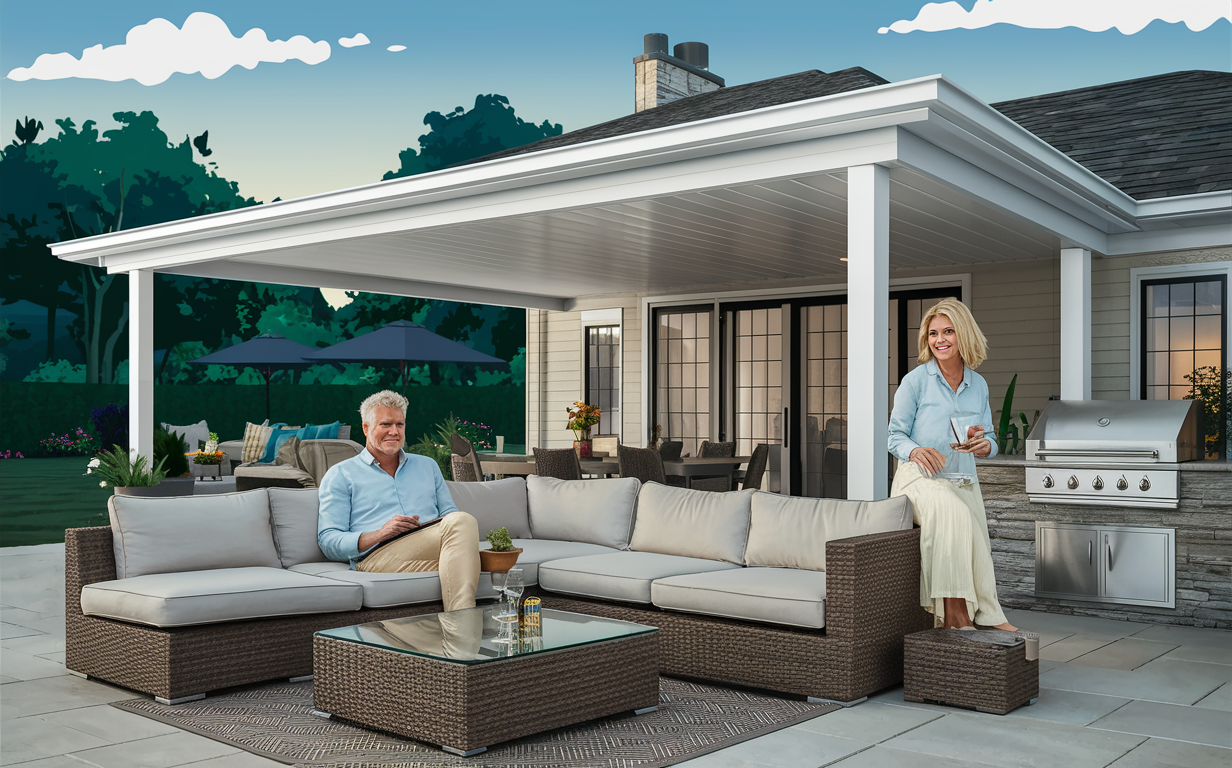 An elderly couple relaxing on an outdoor patio with a vinyl cover, featuring comfortable wicker furniture and a built-in grill area