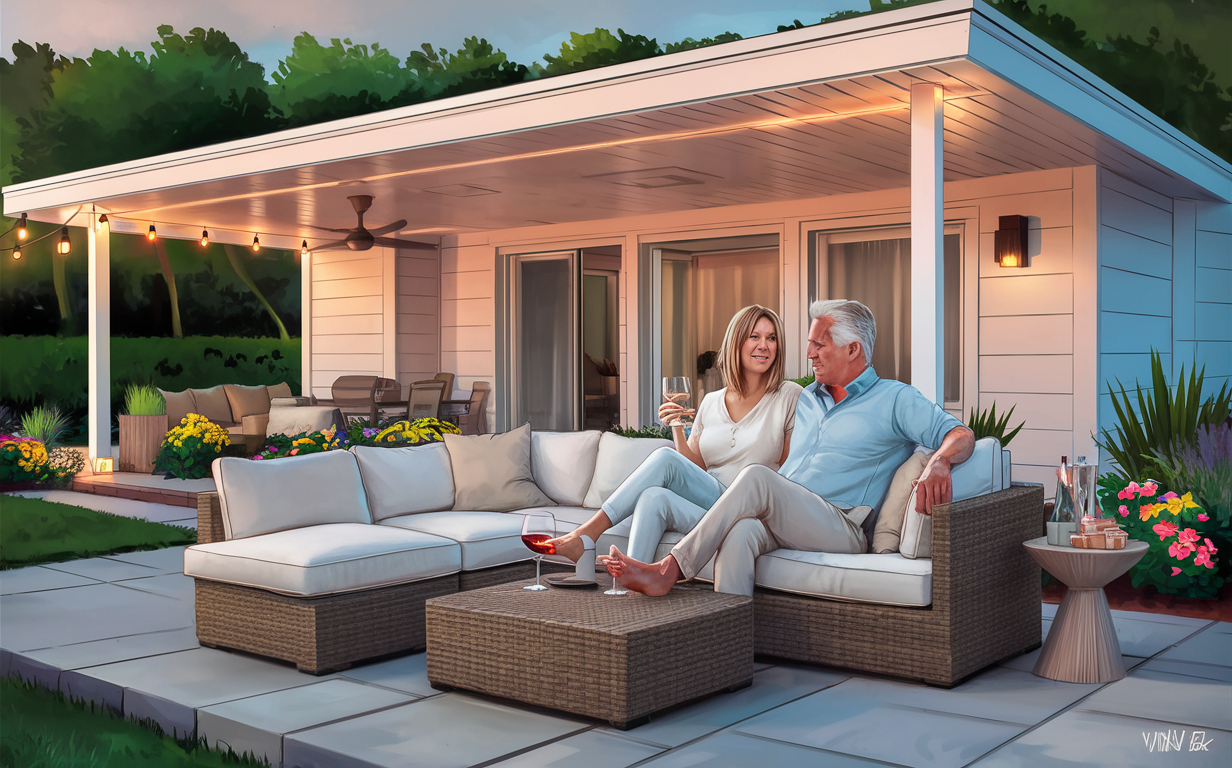 A couple relaxing on an outdoor sectional sofa under a modern vinyl patio cover with string lights and lush landscaping