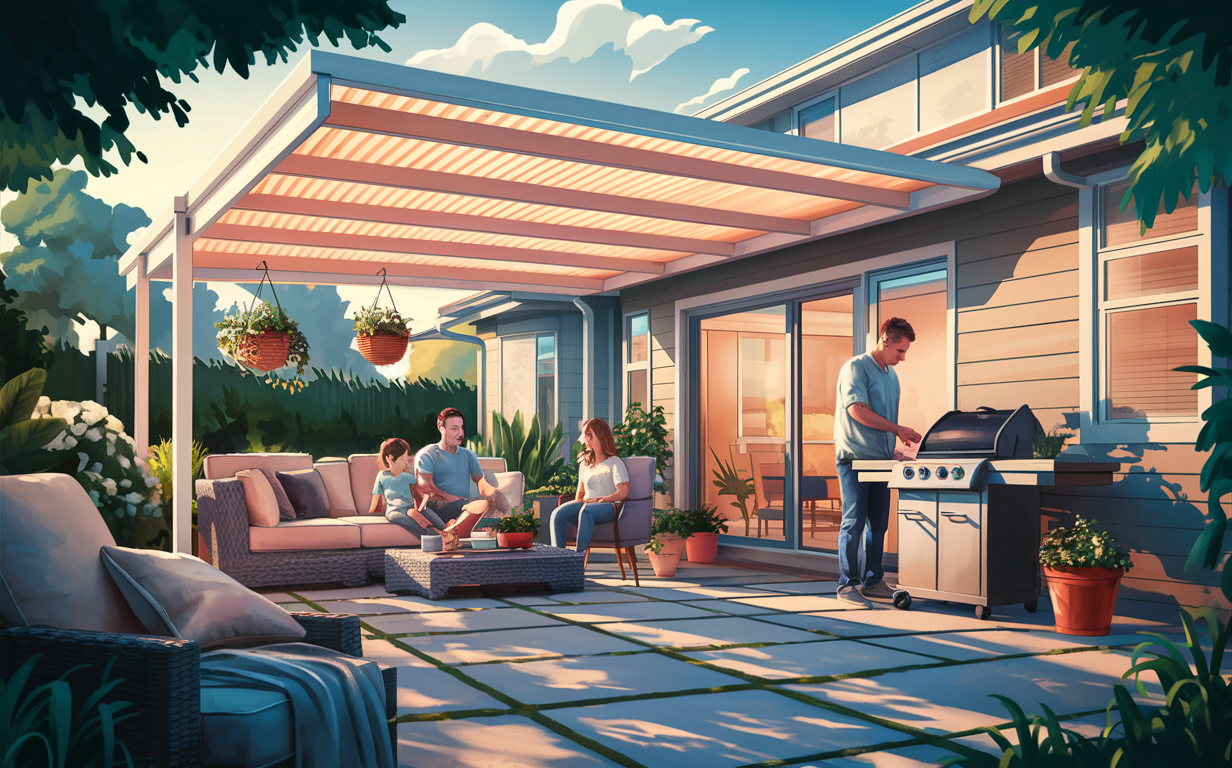 An illustration of a cozy backyard patio with a vinyl cover, featuring a couple relaxing on outdoor furniture while a man grills on a barbecue