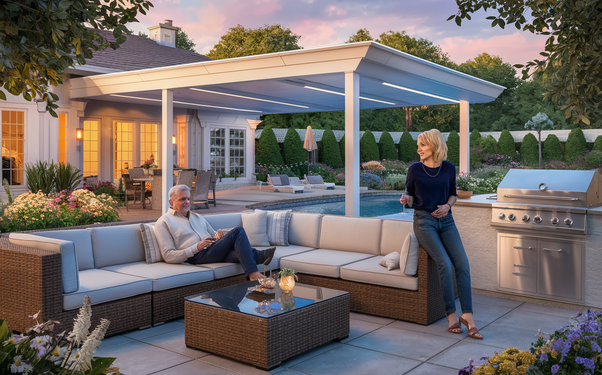 An illustration of a couple enjoying their outdoor living area with a vinyl patio cover, comfortable patio furniture, and an outdoor kitchen.