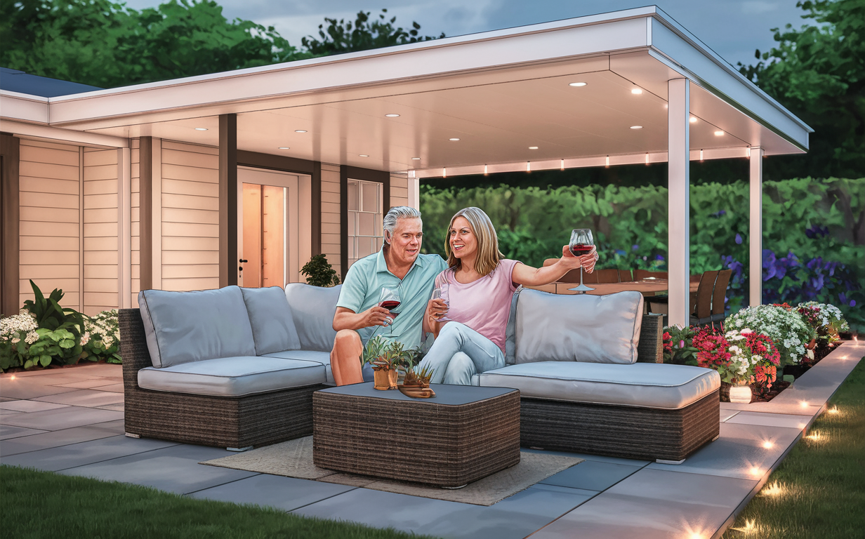 An image of a couple enjoying wine while sitting on outdoor wicker furniture under a vinyl patio cover, surrounded by lush greenery and flowers in their backyard.