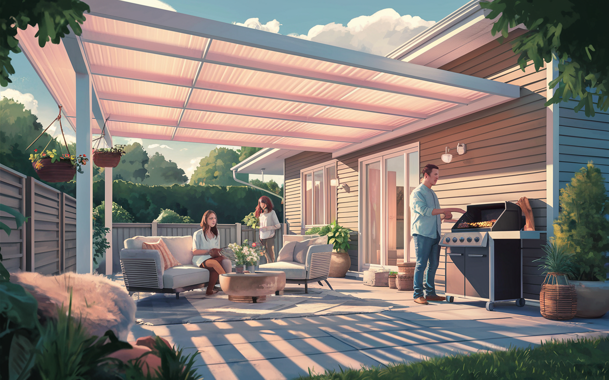 An illustration of an older couple relaxing on patio furniture under a vinyl patio cover, with an outdoor kitchen and grill visible in the background