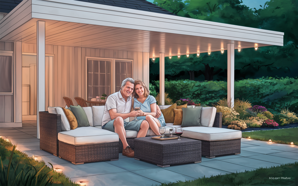 An older couple enjoying wine while relaxing on a cozy patio set under a vinyl patio cover with string lights, surrounded by lush landscaping