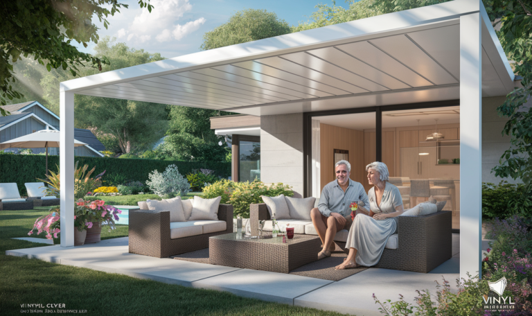 An elderly couple relaxing on an outdoor patio set under a sleek white vinyl cover overlooking a beautifully landscaped backyard