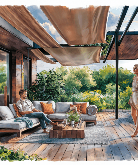 An illustration depicting a modern outdoor living area with a wooden patio cover, featuring a couple relaxing on a couch surrounded by lush greenery and flowers.